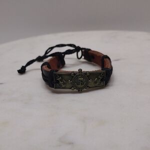 Bronze 3 Anchor With Center Nautical Wheel Black Leather Bracelet BA-20